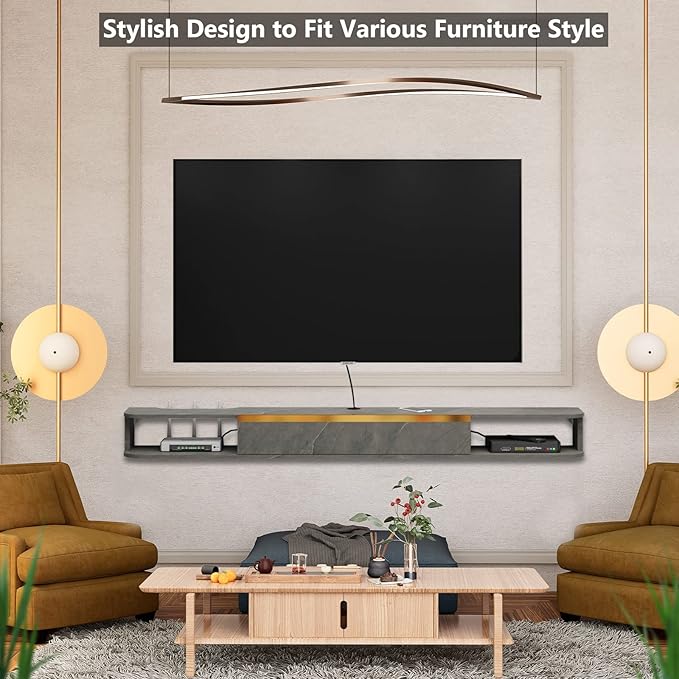 Floating TV Stand, 79'' Wall Mounted Entertainment Center TV Media Console, Floating Shelves with Door, Floating TV Cabinet Large Storage TV Bench for Living Room (Dark Grey, 78.74IN)