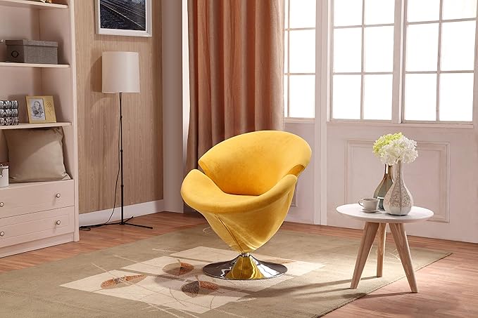 Manhattan Comfort Tulip Swivel Accent Chair with 360° Turn, Modern Flower Inspired Design, Soft Velvet Upholstery, Polished Chrome Base, No Assembly Required, 300 Lbs Capacity, Yellow