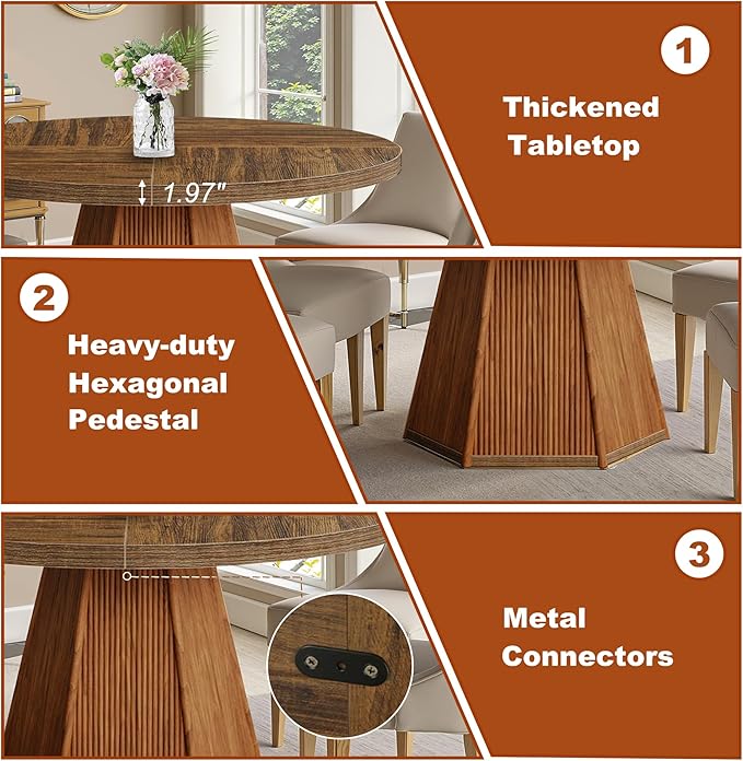 Round Dining Table for 4, 47 Inch Dinner Table Square Farmhouse Kitchen Tables with Sturdy Wooden Pedestal Base for Dining Room, Kitchen, Living Room, Dark Brown