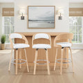 Shelly Modern Bar Height Swivel Stool in Patterned Oak Finish with White Faux Leather Upholstered Seat Set of 3