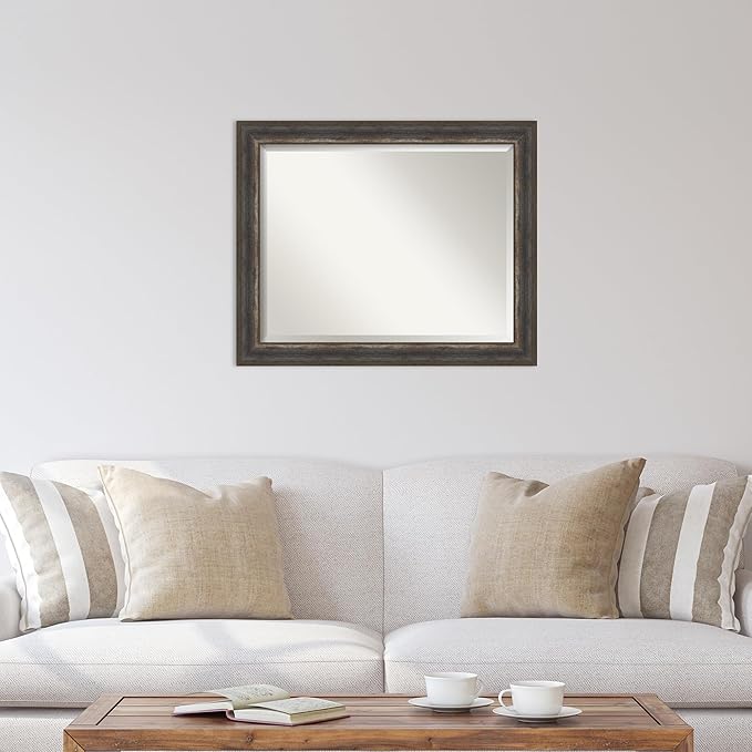 Amanti Art Brown Wall Mirror 27x33 Alta Rustic Char Rectangle Bathroom Mirror for Wall Decor Living Room, Large Rustic Farmhouse Frame, Hangs Horizonally and Vertically, Bathroom Decor, Beveled Edge