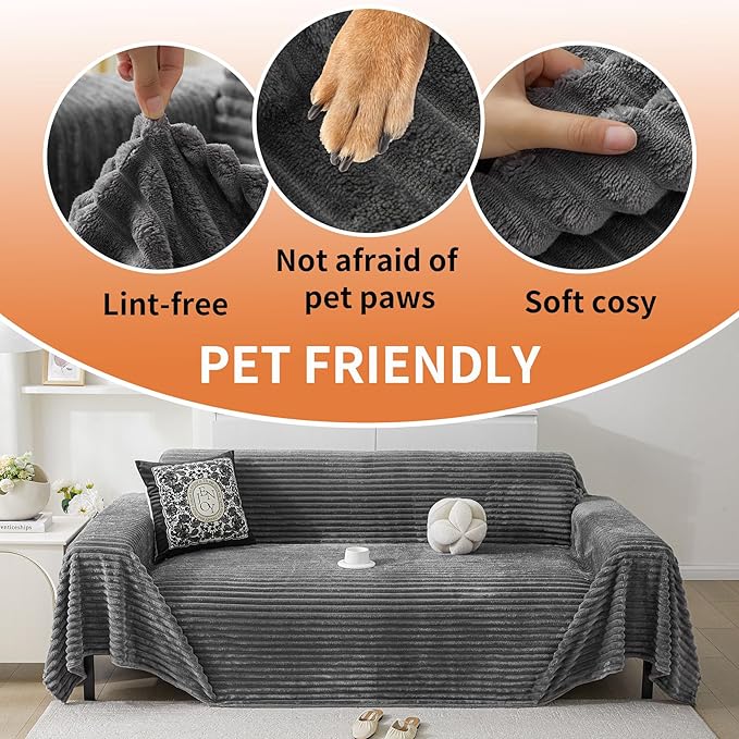 HAOMAIJIA Faux Fur Sofa Covers Couch Covers for 3 Cushion Couch Sofa Pet Friendly Soft Non Slip Couch Cover for Dogs Washable Sectional Couch Covers L Shape Furniture Protector (Grey, 71"x134")
