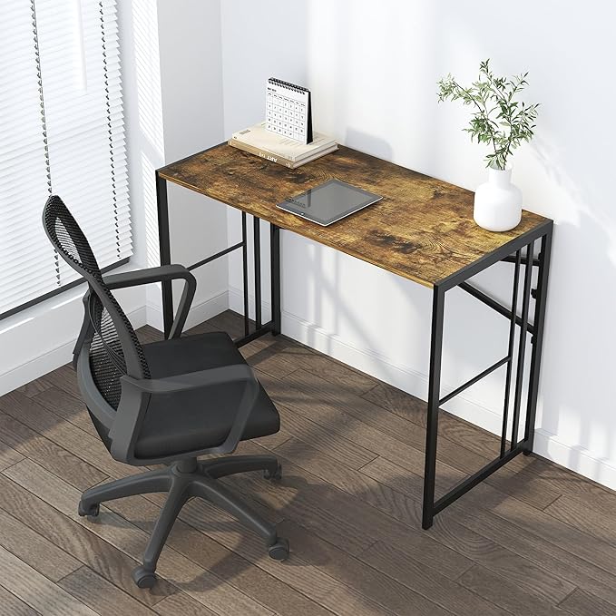 40 inch Folding Computer Desk, Writing Gaming Computer Camping Desk, No Assembly Required Home Office Table, Rustic Brown