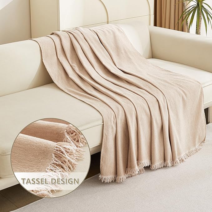 MYSKY HOME Khaki Sectional Sofa Covers Chenille Couch Cover for Dogs Solid Sofa Cover for 3 Cushion Couch Washable Couch Covers with Tassel Edge L Shape Sofa Throw Large Sofa Slipcover, 71" X134"