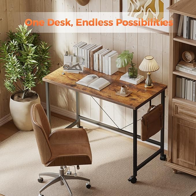 Rolling Computer Desk with Wheels, Gaming Desk for Small Spaces, Modern Simple Style Table for Home Office, Study Writing Table (Caster, Rustic Brown, 24 inch)