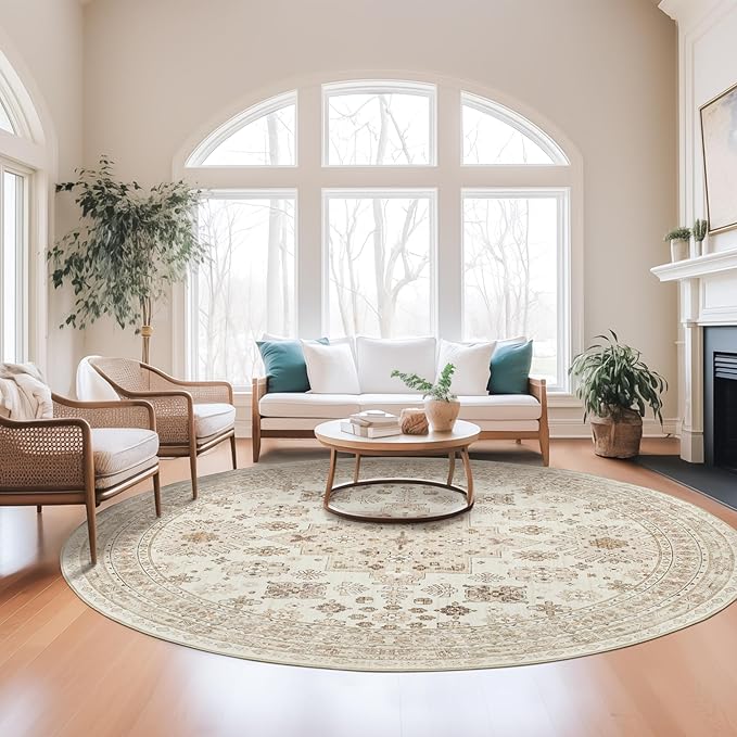 zesthome 8ft Round Rugs for Living Room, Non-Slip Washable Round Area Rugs, Ultra-Thin Large Circle Rugs, Soft Low Pile Rug for Bedroom, Kitchen - Vintage Stain Resistant Round Rug (Cream/Beige,8'x8')