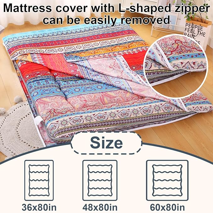 Bohemian Retro Japanese Floor Mattress, Vintage Floral Tatami Floor Mat, Portable Roll up Futon Mattress for Guest,Tavel (C,Queen80 X 60")
