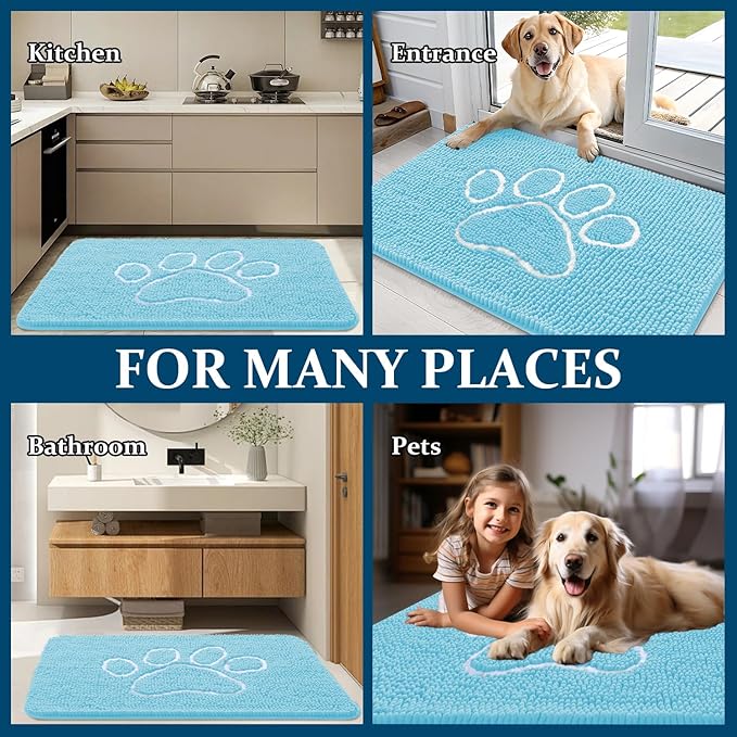OLANLY Door Mat for Muddy Dog Paws 48x30, Ultra Absorbent Chenille Mud Doormat with Paw Print Design, Non-Slip Washable Doormat for Indoor Entryway, Quick-Dry Pet Bed Mats for Dirty Dogs, Blue