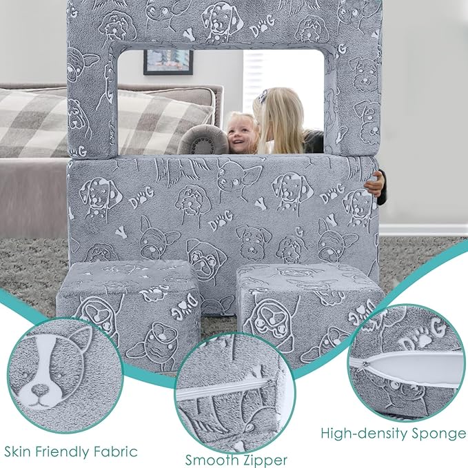 MeMoreCool Kids Sofa Couch, Glow in Dark Toddler Chair Fold Out, Modular Play Couch for Playroom, Child Foam Blocks Convertible Baby Furniture (Glowing Dogs)