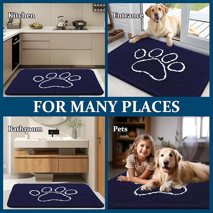 OLANLY Door Mat for Muddy Dog Paws 47x24, Ultra Absorbent Chenille Mud Doormat with Paw Print Design, Non-Slip Washable Doormat for Indoor Entryway, Quick-Dry Pet Bed Mats for Dirty Dogs, Navy Blue