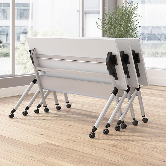 Bush Business Furniture Folding Training Table, 72 inch Desk with Powered Grommets, Commercial-Grade Bundle for Office or Classroom, Envision Collection, White