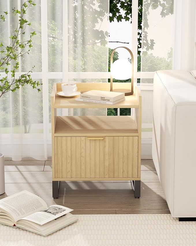 Fluted Night Stand with Charging Station, Wood Nightstand with Large Drawer and Open Storage Cabinet, Mid-Century Modern Bedside Table End Table for Bedroom Closet Office