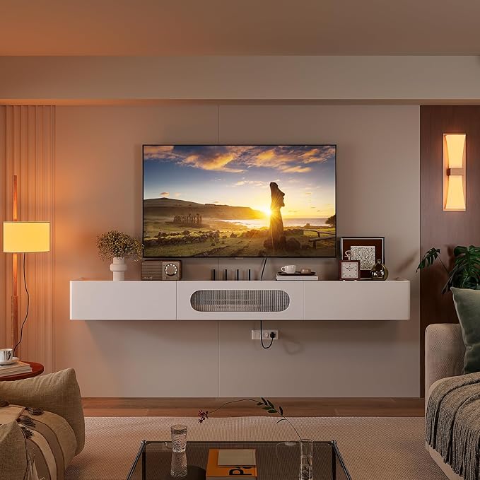 Floaticase Floating TV Stand, 78IN Fully Assembled Hign Gloss Wall Mounted TV Console with Flip-Down Door & Drawers for Livingroom, Bedroom