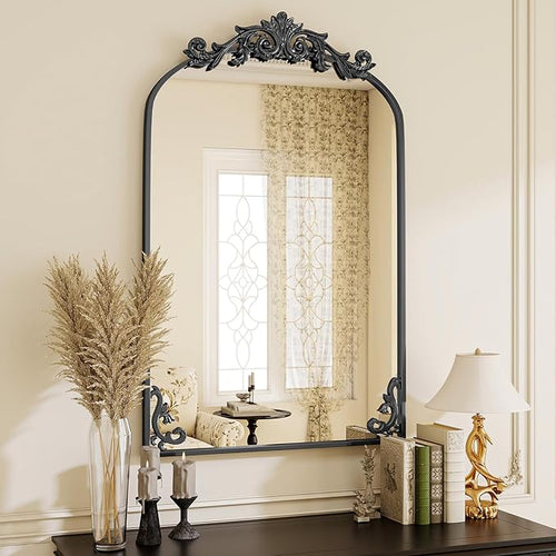 26x38 inch Vintage Arched Bathroom Mirror - Gorgeous Wall Vanity Mirror with Beautiful Retro Top and Bottom Engraving Process Frame for Entryway Hallway Living Room, Black