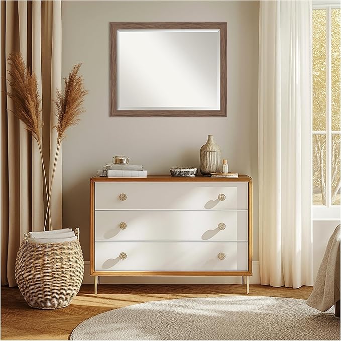 Amanti Art Brown Wall Mirror 25x31 Pia Medium Brown Narrow Rectangle Bathroom Mirror for Wall Decor Living Room, Large Casual Frame, Hangs Horizonally and Vertically, Bathroom Decor, Beveled Edge