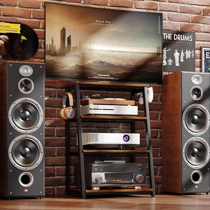 4-Tier AV Media Stand with 2 Hooks,Heavy Duty Stereo Cabinet Furniture-Large Stereo Rack and Game Console Stand,Wooden Record Player Stand,Audio Stand Perfect for DVD Players/Game Console/TV Box/Xbox