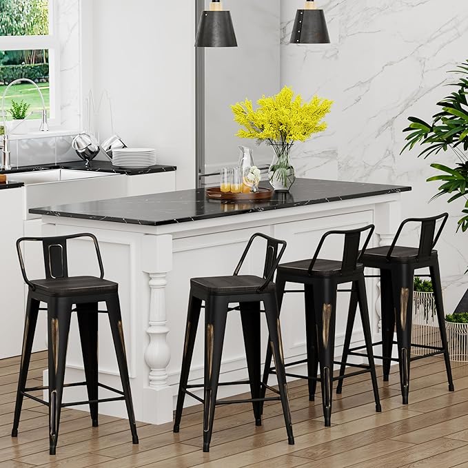 Yongchuang 24" Industrial Metal Barstools Set of 4 Counter Height Bar Stools with Back (24" Seat Height Wood Top Low Back, Distressed Gold)
