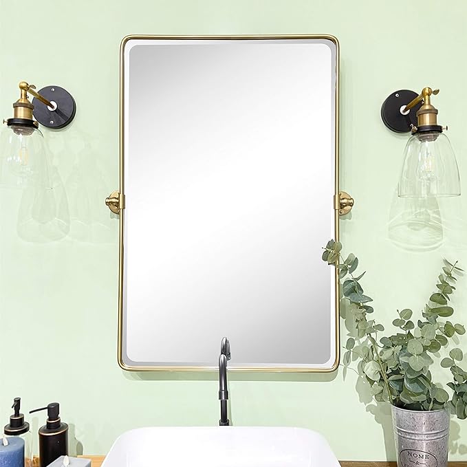 TEHOME 27 x 35'' Gold Pivot Mirror Brushed Champagne Gold Tilt Rectangle Bathroom Mirror Tilting Beveled Vanity Mirrors for Wall