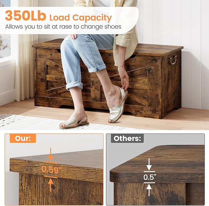 GarveeHome 39.4" Storage Chest, Toy Chest With Lids, Entryway Storage Bench with Safety Hinge, Wooden Storage Trunk, Supports 350 Lb, for Living Room, Bedroom, Rustic Brown