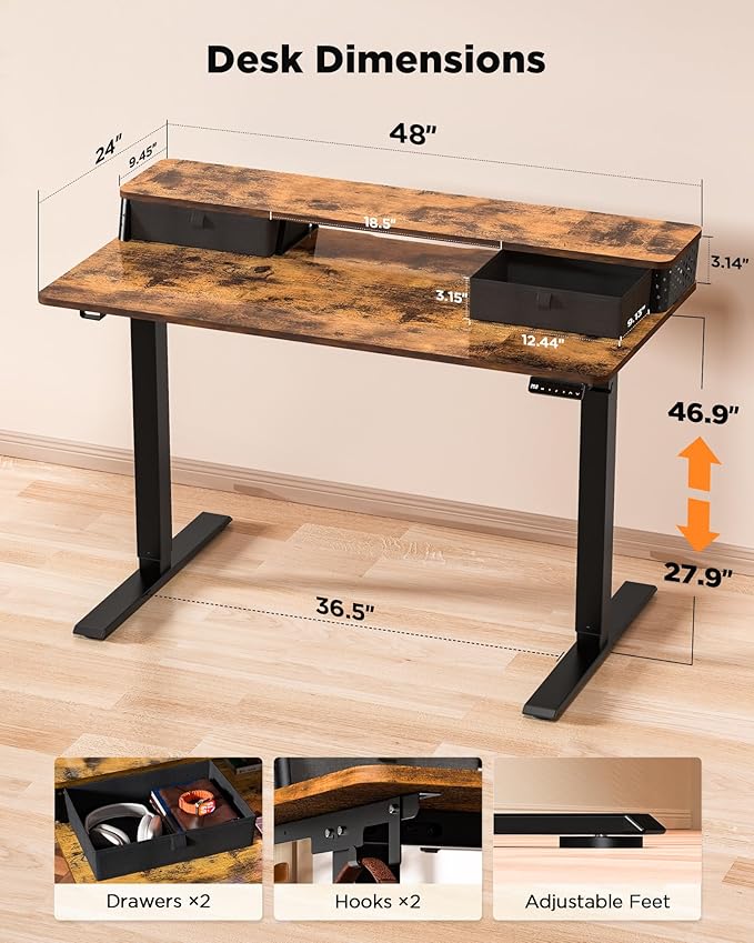 48x24 Inch Standing Desk with Double Drawers,C-Clamp Mount Compatible,Electric Adjustable Height Computer Stand Up Desks, Home Office Sit Stand Table with 3 Preset Heights & Hooks, Rustic Brown
