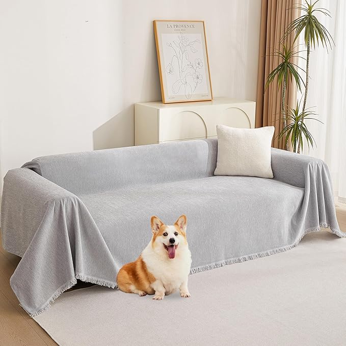 MYSKY HOME Sofa Cover for Dogs, Washable, Boho, Thick & Durable Sectional Couch Covers, Furniture Protector, 71"x 150", Light Gery