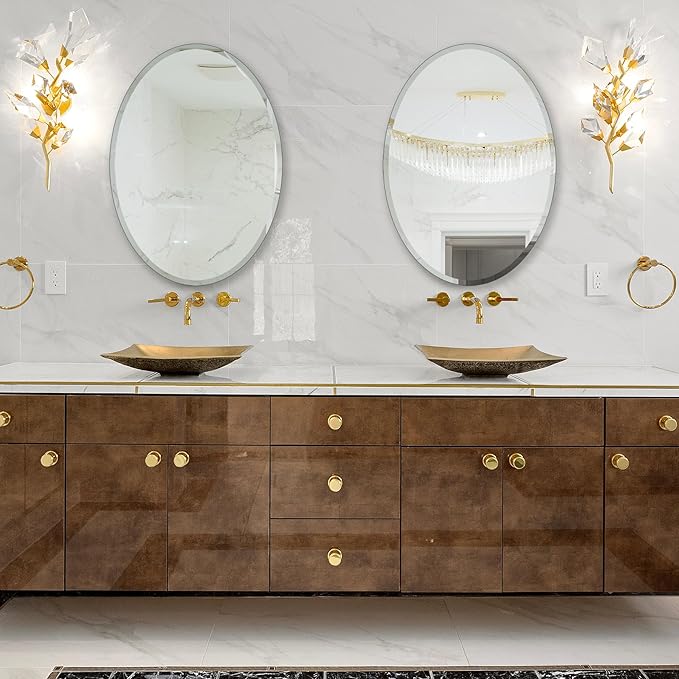 Frameless Oval Mirror, Bathroom Mirror for Over Sink, Beveled Polished Wall Mirror for Bathroom, Bedroom, Vanity and Entryway 24" x 36"