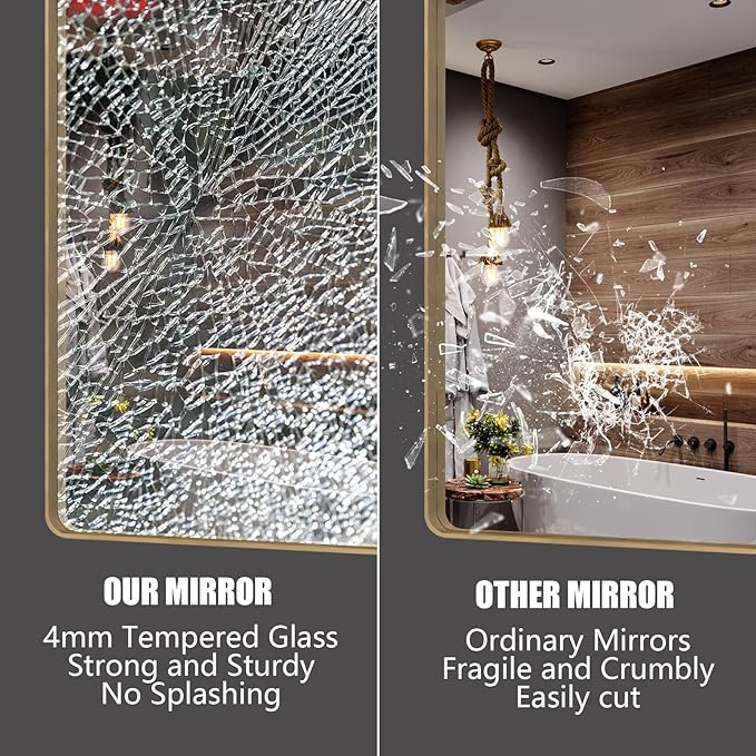 48x30 Inch Gold Bathroom Mirror for Wall, Brushed Brass Metal Framed Gold Vanity Mirror, Rounded Rectangle Golden Mirror, Shatterproof, Anti-Rust (Horizontal/Vertical)
