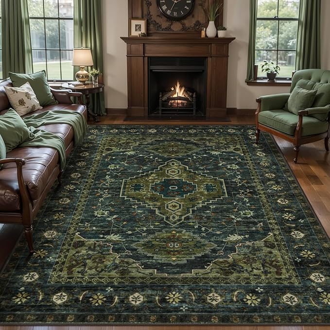 Tangsoo 5x7 Area Rug Washable Rug for Living Room, Vintage Indoor Non Slip Large Area Rugs, Print Distressed Rust Carpet, Soft Low Pile Foldable Floor Rug for Bedroom Dining Room Dorm Olive Green