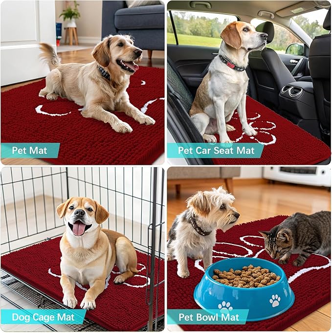 OLANLY Door Mat for Muddy Dog Paws 30x20, Ultra Absorbent Chenille Mud Doormat with Paw Print Design, Non-Slip Washable Doormat for Indoor Entryway, Quick-Dry Pet Bed Mats for Dirty Dogs, Red