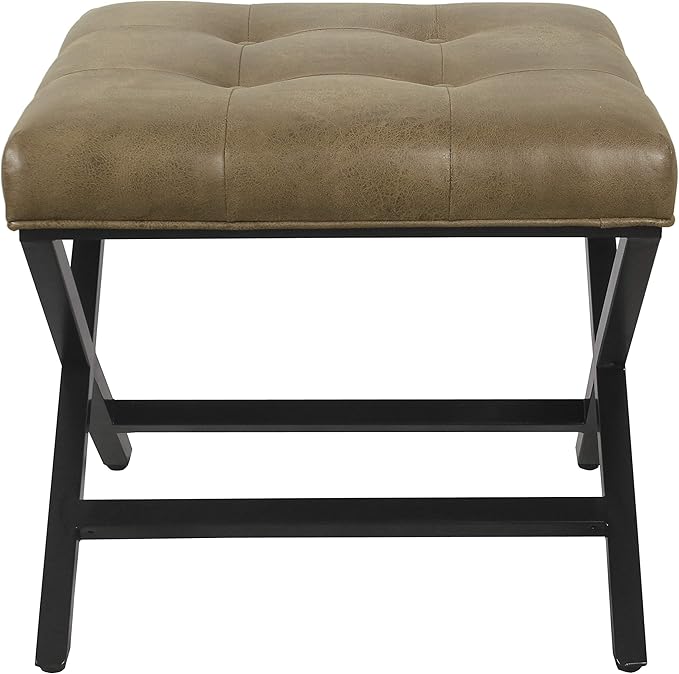 HomePop Home Decor | Modern Tufted Faux Leather Square Ottoman with Metal X Base | Ottoman for Living Room & Bedroom | Decorative Home Furniture, Light Brown Faux Leather