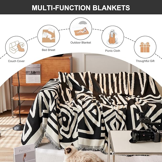 STACYPIK Reversible Boho Couch Cover Ivory Black Futon Armchair Slipcovecrs Anti-Slip Sofa Cover for Dogs Cats Geometric Triangle Couch Cover Versatile Furniture Protector for 2 Cushion Couch-71X90IN