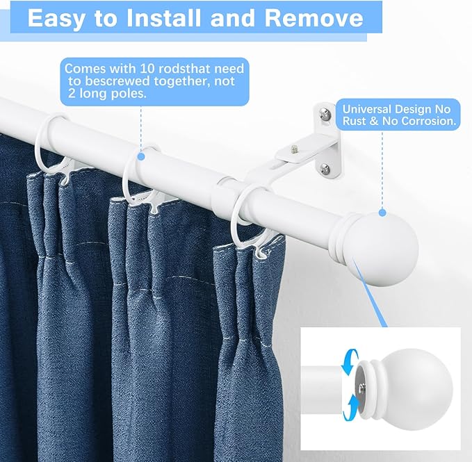 Curtain Rods for Windows 16 to 150 Inches, Curtain Rod Max Adjustable Length of 160 IN, 1" Diameter Drapery Rods Round Finials, White, Pack of 2
