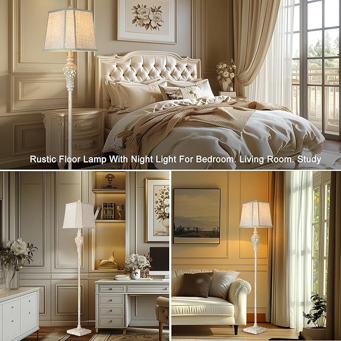 Rustic Floor Lamp 65'' Tall with Nightlight Cut Corner Linen Fabric Shade Vintage Standing Lamp for Living Room, Bedroom, Office, House (Bulb Included)