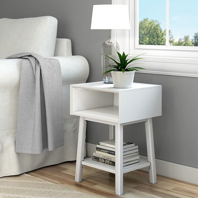 Plank+Beam Wooden Side Table with Cubby Storage Shelf, Mid Century Modern End Tables for Living Room, Small Solid Wood Nightstand, Bedside Tables, Bedroom Furniture, White