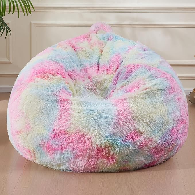 5FT Rainbow Bean Bag Chair Cover for Stuffed Animals Storage, Gaint Faux Fur Washable Bean Bag Covers(No Filler) for Textile Plush Toys, Colorful Beanbag Chair Cover for Adults Teens girl gifts