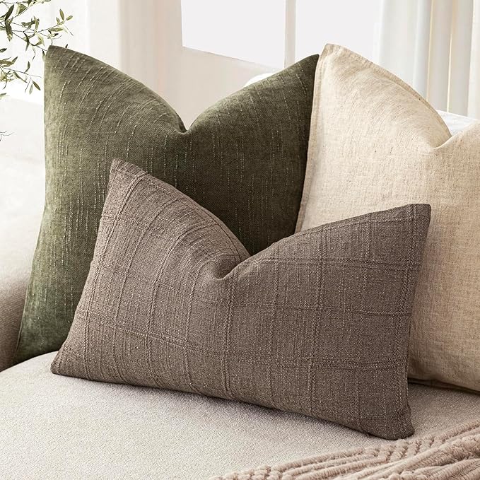 Foindtower Set of 2 Decorative Linen Check Throw Pillow Covers Neutral Farmhouse Lumbar Cushion Covers Modern Boho Home Decor for Sofa Chair Couch Bedroom Living Room Outdoor,12×20 Inch,Taupe Grey