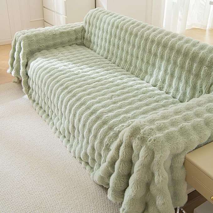 VM VOUGEMARKET Soft Warm Faux Fur Sofa Cover Thick Shaggy Fuzzy Sectional Couch Cover Plush Furniture Protector Cover Fluffy Sofa Throw Cover for Couch Sofa Bed(Green,71" x 134")