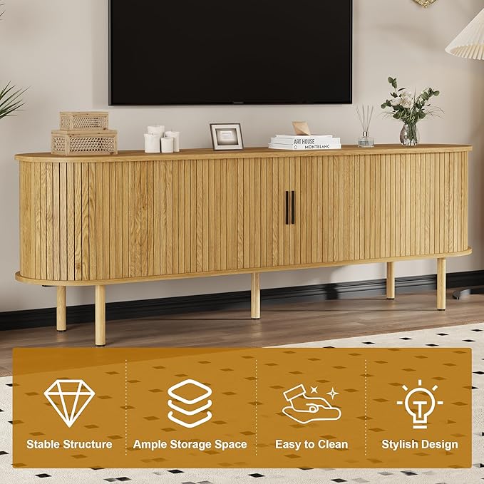 GarveeHome 70.1" TV Stand, Modern TV Console Table with Storage Compartment and Sliding Door, Gaming Entertainment Center with Cabinet for Living Room, Bedroom, Office, Oak