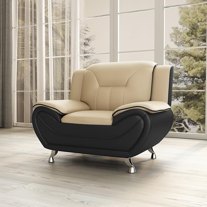 Container Furniture Direct Michael Modern Faux Leather Upholstered Stainless Steel Legs Living Room, Chair, Camel/Black