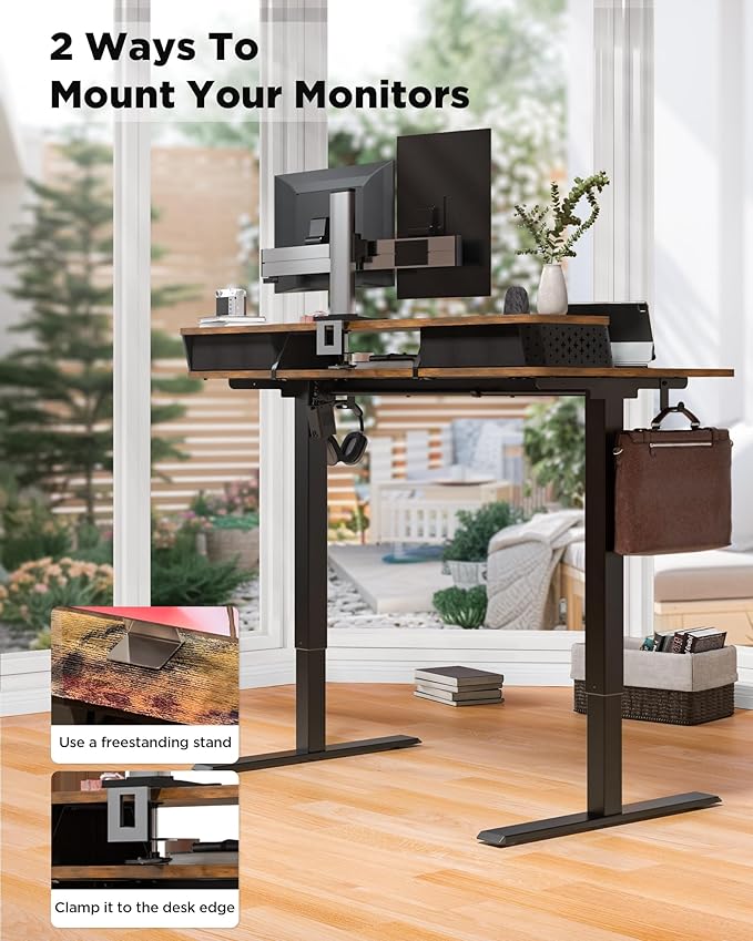 35x20 Inch Standing Desk with Double Drawers,C-Clamp Mount Compatible,Electric Adjustable Height Computer Stand Up Desks, Home Office Sit Stand Table with 3 Preset Heights & Hooks, Rustic Brown