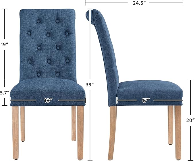 Yaheetech Dining Chairs Set of 2 Fabric Upholstered Dining Room Chairs with Button Tufted High Back and Solid Wood Legs for Kitchen/Living Room/Restaurant, Modern Style, Blue