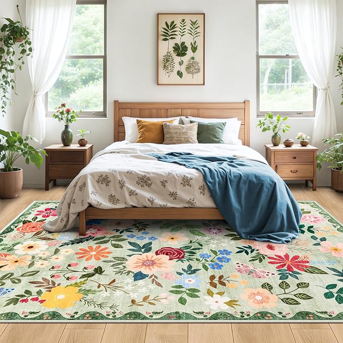 6x9 Area Rugs for Living Room: Floral Washable Rug Vintage Large Soft Boho Non-Slip Carpet Indoor Stain Resistant Thin Carpets for Bedroom Dining Room Farmhouse Nursery Hallway Home Office Green