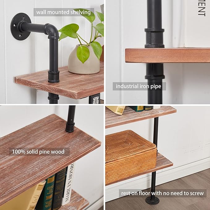 5 Tier Industrial Ladder Bookshelf, Wall Mounted Wood Metal Rustic Pipe Shelves (Weathered Brown, 5 Tier - 10" D x 24" W x 70" H)