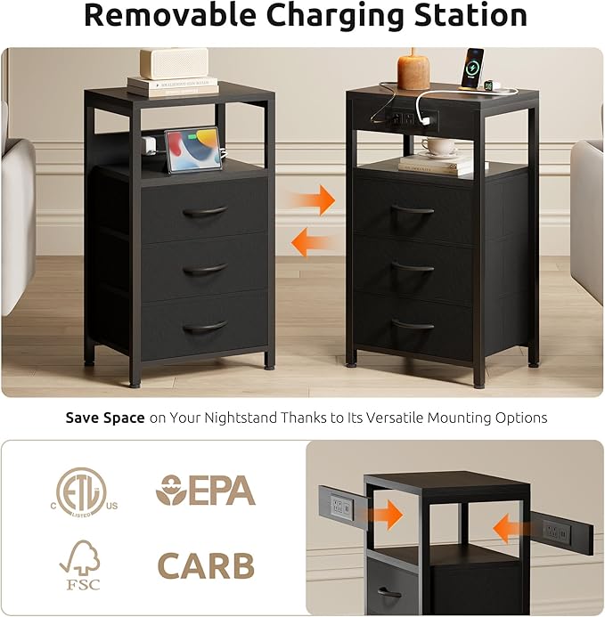 NightStand Bedside Charging Table Bedroom - Night Stand with Charger Station, Black Modern Bed Side End Table with Open Shelf & 3 Fabric Drawers, USB-C USB Ports & AC Outlets for Dorm, Living Room