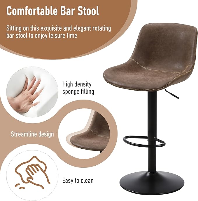 Bar Stools, Swivel Counter Height Barstools with Back, Adjustable Modern Bar Chairs, Tall Armless PU Leather Kitchen Island Stool (Brown, Set of 4)