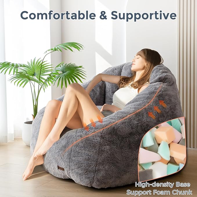MAXYOYO Giant Bean Bag Chair, Oversized Bean Bag Couch for Adults and Kids, Faux Fur Shell-Shaped Large Chair with Filler, Stuffed Big Accent Sofa Lounge Floor Sofa for Gaming, Reading, Dark Grey