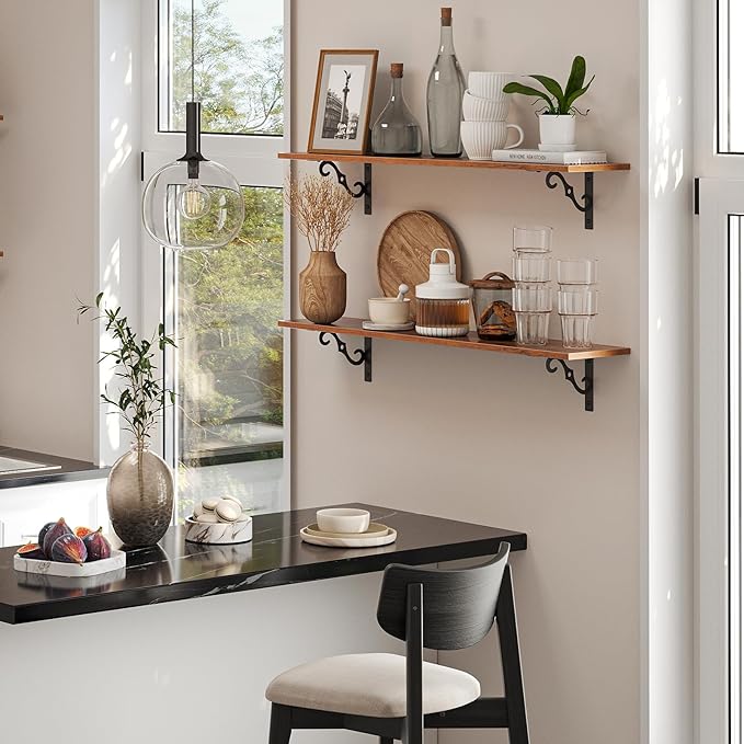 DINZI LVJ Long Wall Shelves, 31.5 Inch Large Floating Shelves Set of 4, Wide Display Shelf Wall Mounted with Brackets, Easy Hanging for Living Room, Toilet, Office, Bedroom, Rustic Brown