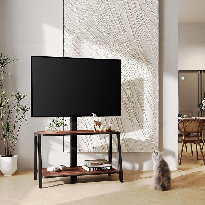 FITUEYES Wood TV Stand with Mount for 32-55 inch TVs, 2 Tier Entertainment Center with Storage for Bedroom & Corner, Tall Wooden TV Mount Stands & Metal Mount - Max Load 77lbs for Flat Screen