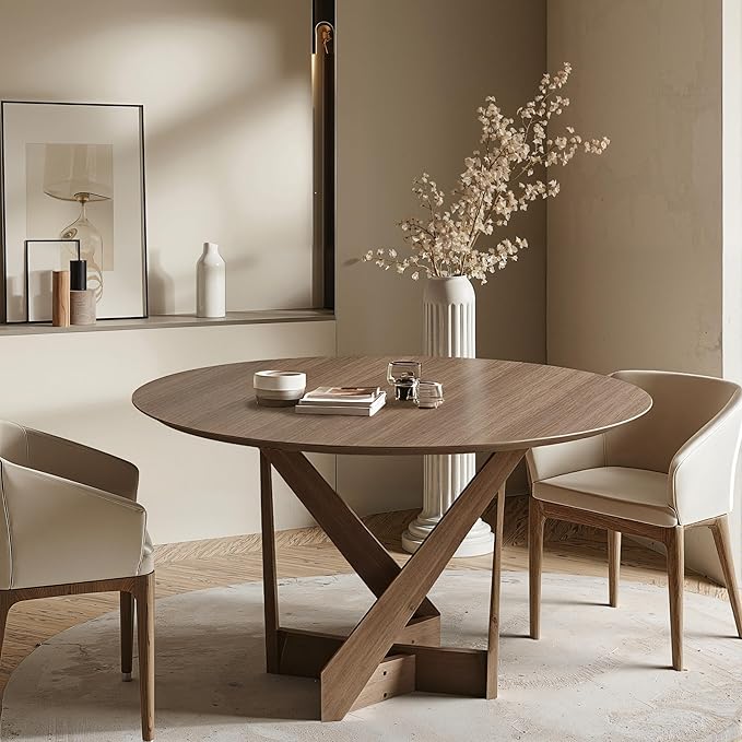 Acanva 47" Small Round Dining Table for 4 Person, MDF Top and Sturdy Wood Base Structure, Modern Design for Kitchen, Compact Space & Apartment, Walnut Brown