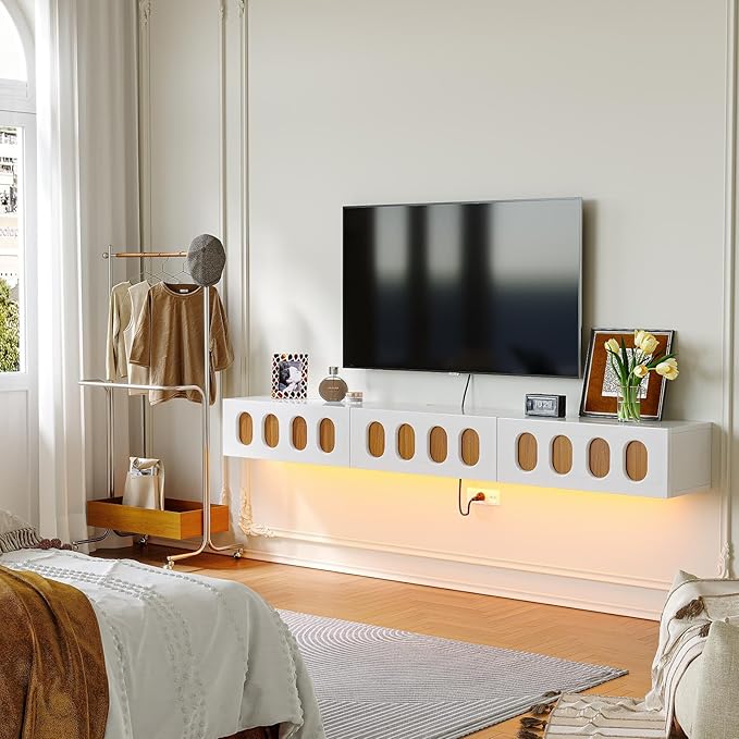 Floaticase Floating TV Stand, 86IN Fully Assembled High Gloss Wall Mounted Entertainment Center with Flip-Down Doors & Drawers, TV Console Under TV Shelf for Bedroom Livingroom
